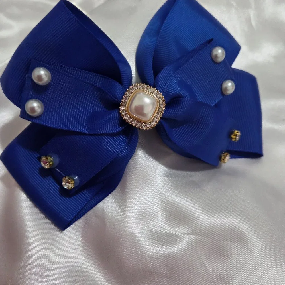 5pcs Pearl & Rhinestone Hair Bows ✨ Girls Elegant Ribbon Clips Cute Accessor